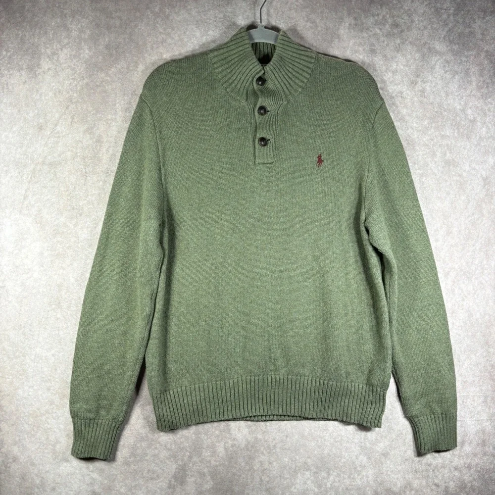 Polo Ralph Lauren Sweater Men Medium Green Button Mock Neck Cotton Knit Pullover